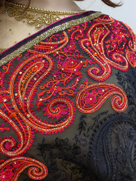 Black embroidery chiffon sari