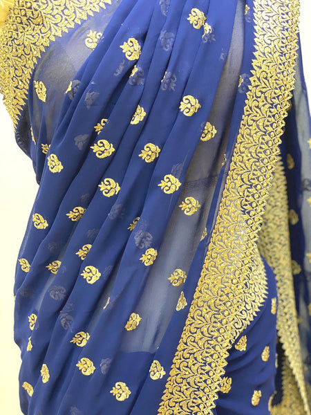 Blue and Gold Georgette Saree