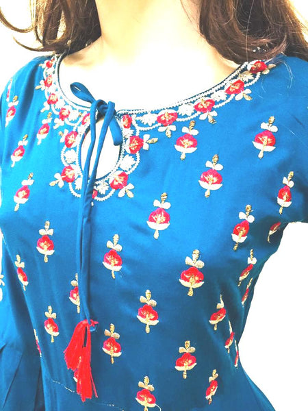 Blue Embroidery Long Kurti Top