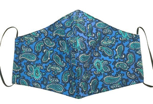 Cotton 3 ply face mask Blue with Green Paisley